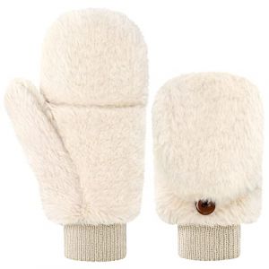 Geyoga Mitaines Convertibles en Fausse Fourrure Gants sans Doigts avec Couverture Demi-Doigts Gants avec Capuchon (Blanc Beige) (BARQUEEN, neuf)
