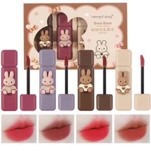 Domality 4pcs Bunny Rabbit Package Lip Gloss Set, 4 Couleurs Matte Velvet Mousse Liquid Lipstick, Kit de Maquillage à Lèvres Imperméable Longue Durée Avec Paquet Cadeau (JiRui UK, neuf)