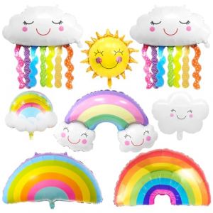 Nuage Aluminium Ballons, XXL 8 Pièces Ballons En Forme Arc-en-ciel, Ballons Visage Nuage, Ballon Fleuret Glands Souriants, Géant Ballon de Soleil pour Anniversaire Baby Shower Fête Thème Arc-en-ciel (SPRINLOT STORE, neuf)