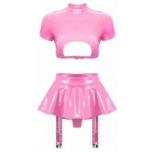ranrann Ensemble Femme Sexy Haut et Jupe Wetlook Cuir Verni Mini Jupe Porte Jarretelles Costume de Soir&eacute;e Cocktail Clubwear S-XXL Rose S (ranraneu, neuf)
