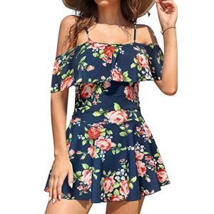 SHEKINI Maillots De Bain Femme Une Pièce avec Jupette Élégant Une Epaule Volants Abdominal Contrôle Ruched Maillot Une Pièce Robe de Plage Vintage Jupe De Bain（XXL，Bleu Foncé LD） (DODO BIKINI, neuf)