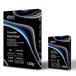 akaca Papier photo brillant Premium Glossy Photo Paper (120 g A4 | 120 feuilles + 200 g 10 x 15 | 120 feuilles) pour toutes les imprimantes à jet d'encre (akaca, neuf)