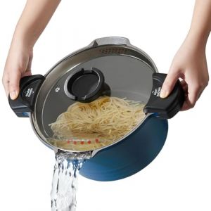ROSSETTO Cuiseur à pâtes 28 cm 8L casserole induction, Revêtement Anti-Adhérent céramique, Faitout Marmite Fonte Aluminium tout feux, Couvercle en Verre, Bleu (ROSSETTO, neuf)