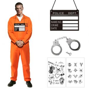 GTJEOI Déguisement de Prisonnier, Déguisement Prisonnier Homme avec Menottes, Convict Costume, Tenue Prisonnier Orange pour Halloween, Cosplay, Carnaval, Décoration de Fête -Taille L/XL (L) (Tuanlg, neuf)