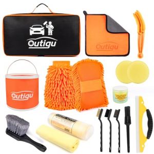 Outigu Kit de nettoyage de voiture avec sac de rangement, kit de lavage de voiture 16 pièces, kit de nettoyage de voiture avec gant de lavage, gants de lavage de voiture, brosses de détail, ensemble (Shopwithusnow, neuf)