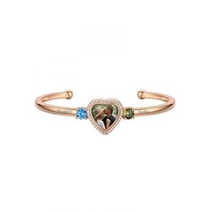 Custom4U Jonc Bracelet Coeur Amoureux Femme Photo Personnalisé Or Rose Jonc Ouvert Réglable avec Pierre de Naissance Prénom Gravure Bijoux Pour Femme Fille Famille (Custom4U Store, neuf)