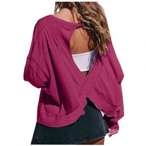 T-shirts &agrave; manches longues pour femmes - Hauts courts d'entra&icirc;nement dos ouvert - T-shirts d&eacute;contract&eacute;s l&eacute;gers athl&eacute;tiques gym yoga - T-shirt ample uni dos nu - Haut de course - Hauts de sport (TEGGbep, neuf)