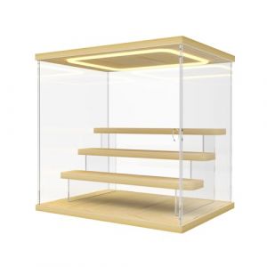 Nynelly Vitrine Acrylique pour Collection avec &Eacute;clairage LED, Plexiglas Vitrine Transparente avec Porte et Marches, Boite Presentoir Anti-Poussi&egrave;re pour Funko Pop, Figurines, 4 Niveaux, Couleur Bois (Nynel, neuf)