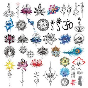 CARGEN 30 Feuilles Yoga Tatouage Temporaire Ensemble Lycoris Radiata Shabda OM Mandalas Lotus éLéPhant Paon Plume éTanche Autocollant (ohhmotor88, neuf)