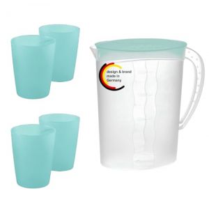 KiNDERWELT Lot de 1 pichet de 2 litres avec couvercle et 4 gobelets de 250 ml en plastique de qualité supérieure - idéal pour jus, eau et boissons – couleur aigue-marine (kinderwelt-strausberg Preise inkl. MwSt., neuf)