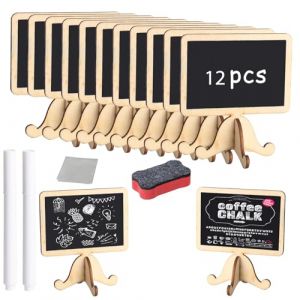 12 Pièces Mini Tableau Noir avec Support, Rectangle Petit Ardoise et 2 Craie Soluble Dans L'eau et 1 Gomme et Chiffon de Nettoyage, Mini Panneau D'Affichage pour Fête, Mariage (HonJing, neuf)