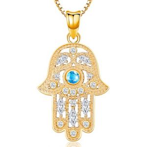 Collier Main de Fatma Or Pendentif Main de Fatma Argent 925 Hamsa Collier Femme Main de Fatma avec Oeil Bleu Collier Mauvais Oeil Or Bijoux Main de Fatma pour Femme (Aniu, neuf)