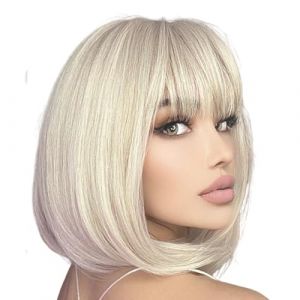 Perruque Bob courte naturelle avec reflets - Perruque Bob courte – Perruque Bob synthétique lisse avec frange, aspect naturel, résistante à la chaleur, perruque courte pour femmes et filles (queen'style, neuf)