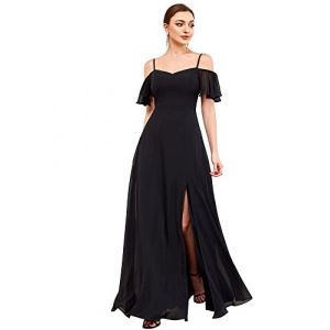 Ever-Pretty Robe de Soir&eacute;e Longue Femme &Eacute;paules D&eacute;nud&eacute;es &agrave; Bretelles &agrave; Volants Fendue en Mousseline Fluide Noir 50 (Ever-Pretty Plus, neuf)