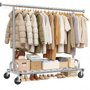 Klyvvo Portant a Vetement Solide &agrave; Roulettes, Penderie Extensible pour Charge Lourde, Capacit&eacute; de Charge 150 kg, Portant Vetement Solide &agrave; Roulettes et Cloisons, pour Pr&eacute;sentation, Rangement, Chrom&eacute; (Klyvvo, neuf)