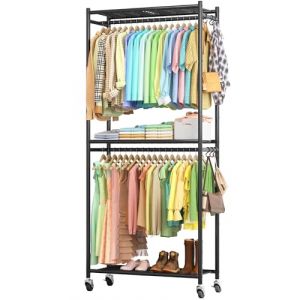 Sakugi Portant à Vêtement 84 x 32 x 202 cm – Penderie Vêtement Dressing Chambre Adulte avec Étagères & Roulettes, Portant Vêtement Solide à Roulettes avec Crochets, Pour Chambre (Noir) (LMLZ-US, neuf)