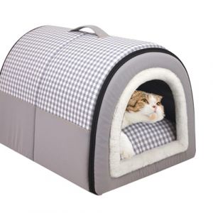 Grande niche 2 en 1 pour chien et chat - Imperm&eacute;able - Lavable - Lit apaisant anti-anxi&eacute;t&eacute; - Motif &eacute;cossais doux - Antid&eacute;rapant et chaud - Pour chiens et chats de taille moyenne (gris, taille M - 45 x (ping bu, neuf)