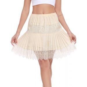 Vlazom Jupon Femme Courte Plissée Jupon sous Robe en Dentelle Ourlet Dentelle Délicat Couleur Unie Casual Élégante，Beige，XL (Vlazom, neuf)