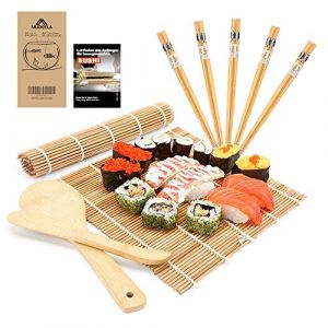 MUDEELA Kit Sushi, 9 Pi&egrave;ces Kit Sushi Complet, Sushi Maker avec 2 Nattes en Bambou &agrave; Sushi, 5 Paires de Baguettes, 1 Spatule, 1 &Eacute;taleur, 1 Guide PDF pour D&eacute;butants (MudeelaDirect, neuf)