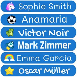50 Étiquettes prénom personnalisées pour enfants. Autocollants pour marquer école, crèche, livres, jouets, tupperware. Étiquettes imperméables 6x1 cm (Haberdashery Online, neuf)