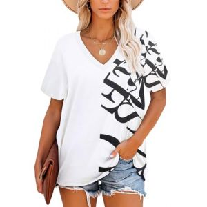 NARRAME Hauts pour Femme T-Shirts Tunique d'&eacute;t&eacute; &agrave; Manches Courtes Hauts Col en V pour Femme &Agrave; Fleurs Lettre Blanche Petit S 34-36 (SENBATU NARRAME-FR, neuf)