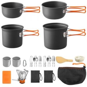 FUNYKICH Lot de 15 casseroles et poêles de camping portables avec dessus de cuisinière, antiadhésifs, légères, empilables, casseroles, bols, cuillères à soupe avec sac de rangement pour le camping, la (FUNYKICH-FR, neuf)