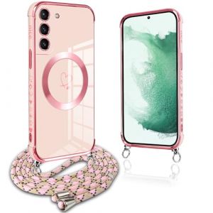 Pnakqil Coque Magn&eacute;tique pour Samsung Galaxy S22 Plus 5G Con Cordon, Compatible avec MagSafe, Silicone Housse avec Motif Coeur d'amour R&eacute;glable Collier Lanyard, pour Samsung S22+ 5G 6.6", Rose (CONNECT EAGLE, neuf)