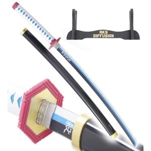 Demon Slayer Katana Tout en Bois Lame en Bois Katana Giyu Tomioka Epee Replique Decoration Kimetsu No Yaiba Sabre Giyu Cosplay Epee Giyu + Presentoir en Bois Inclus (Repliksword, neuf)