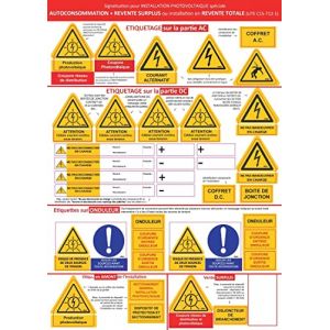 Kit 38 étiquettes adhésives Signalisation Photovoltaïque installations petite puissance 1 ou 2 onduleurs - Complet pour rendre installation solaire photovoltaïque conforme CONSUEL et UTE C15-712-1 (ETIPV, neuf)