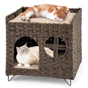 COSTWAY Niche Chat Pliable en Rotin PE, Maison pour Chat &agrave; 2 Niveaux, 2 Coussins Amovible, Couvercle Verrouillable, Pieds en M&eacute;tal Sur&eacute;lev&eacute;s, Meuble Chaton pour Salon Chambre, 50,5 cm x 45 cm x 50 cm (FDS GmbH, neuf)