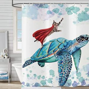 Hnmdmyi Rideau de Douche Drôle 90x180, Chat Rideau de Douche Turquoise Tortue de mer océan sous-Marin Rideau de Baignoire Enfants imperméable Tissu Polyester Lavable Rideau de Bain avec Crochet (Hnmdmyi, neuf)