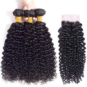 TOOCCI 3 Tissage Meche Bresilienne Bouclée Bresilien en lot Bresilien Kinky Curly Cheveux Mèches Perruque Tissage Bresilien en lot avec Closure (16"16"16"+16" closure) (Toocci, neuf)