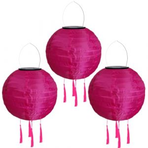Lot de 3 lampions solaires d'extérieur résistants aux intempéries - Lampion solaire à LED - Étanche - Avec pompon - Lampes solaires à suspendre - En papier - 20 cm - Rose (ZDD123, neuf)