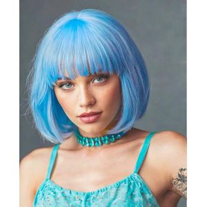 YEESHEDO Perruque courte avec frange 30,5 cm cheveux synth&eacute;tiques raides pour costume de carnaval f&ecirc;te d&eacute;guis&eacute;e cosplay No&euml;l Halloween perruque Flapper pour filles et femmes (Bleu clair) (YEESHEDO, neuf)