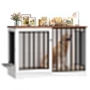 FirFurd Cage pour Chien 120 cm, Cage Chien XXL, avec Porte Coulissante, Meuble Buffet, 2 Plateaus Amovibles, Grand Taille Cages Chiens Interieur 120x60x90cm Blanc+Marron (luckycharmm, neuf)