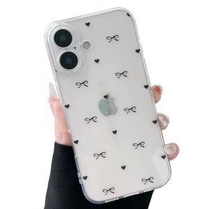 ZTOFERA Coque pour iPhone 16, Mignon Motif C&oelig;ur d'amour et N&oelig;ud Papillon Design Coque Esth&eacute;tique &Eacute;tui Transparente Souple TPU Housse de Antichoc Protection pour Filles Femmes, Noeud Noir (utopmore, neuf)