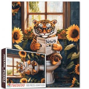 Tucocoo Puzzle mignon tigre sur les toilettes pour adultes - 1000 pièces - Lunettes d'animaux amusantes pour lire des journaux et des tournesols - Jouets éducatifs pour adolescents - Décoration murale (CocooTu, neuf)