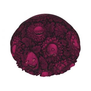 Grand bonnet de douche r&eacute;utilisable pour femme - Tendance et confortable - Imprim&eacute; plante carnivore rose - Double couche pour la douche - Avec corde &eacute;lastique et doublure en PEVA (Vosery, neuf)