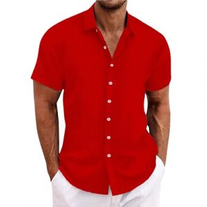Chemise en lin pour homme - Manches courtes - Chemise en lin - Chemise de loisirs - Coupe droite - Chemise d'été avec col montant - Décontractée - Coupe droite - Chemise rayée, rouge, XL (runBel, neuf)