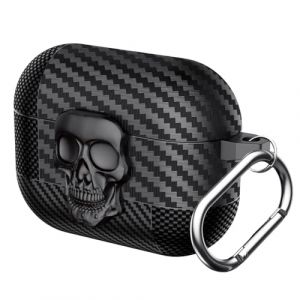 Casevita Coque de verrouillage compatible avec Airpods Pro/Pro 2&egrave;me g&eacute;n&eacute;ration avec porte-cl&eacute;s, t&ecirc;te de mort cool, fibre de carbone, coque de protection amusante en TPU souple r&eacute;sistant aux chocs pour (PPBT3, neuf)