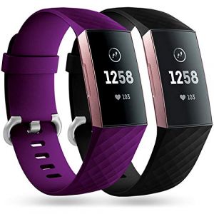 Faliogo 2 Pack Bracelet de Remplacement Compatible avec Fitbit Charge 3 Bracelet/Fitbit Charge 4 Bracelet, Bandes de Sport Classiques pour Femmes Hommes, Petit Prune/Noir (Gehuaa-EU, neuf)