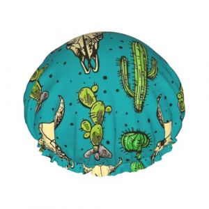 Bonnet de douche double couche réutilisable avec imprimé cactus et crâne de taureau (xumiao917, neuf)