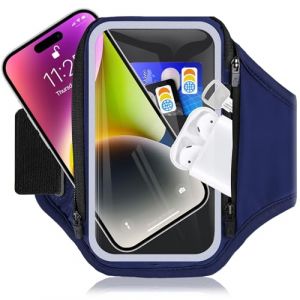 Razobws Brassard Telephone Sport avec Poche Écouteur, Porte Telephone Course a Pied pour iPhone 16 15 14 13 12 Pro Max Galaxy S25 S24 S23, 6,9'' Telephone Brassard pour Running Jogging (Bleu) (Razobws, neuf)