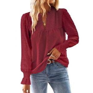 TUUHAW Tunique Femme Chemise Chic et &Eacute;l&eacute;gant Automne Col en V Manches Longues Dentelle Grande Taille Top &agrave; Point Suisse Couleur Unie Blouse D&eacute;contract&eacute; Chemisier Confortable Bordeaux 4XL (TROFANO, neuf)