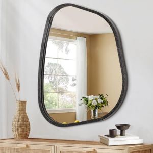 Grand miroir asymétrique 65x45CM Miroir mural ovale irrégulier moderne avec cadre en bois de forme unique Miroir mural artistique décoratif pour le salon, la chambre à coucher et la salle de bain (HLFMVWE, neuf)