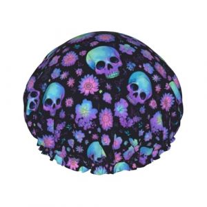 Grand bonnet de douche r&eacute;utilisable pour femme &ndash; Double t&ecirc;te de mort violette imprim&eacute;e fleur bonnet pour la douche avec corde &eacute;lastique et doublure en PEVA (shengCY-US, neuf)