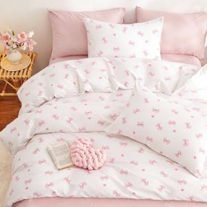 Freyamy Housse de Couette 140x200 C&oelig;ur Noeud Papillon Blanc Rose avec 1 Taies d'oreiller 65x65cm Parure de lit en Microfibre Filles Sets de Housse Couette Adultes Ado avec Fermeture &Eacute;clair (Mitchell'SZ, neuf)