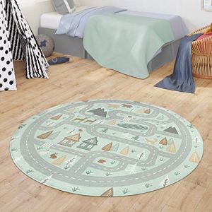 TT Home Tapis Chambre Enfant Tapis Tapis Bébé Motif Routes Animaux Forêt Maison Garçon, Couleur:Turquoise, Dimension:150 cm Rond (marche-de-tapis, neuf)