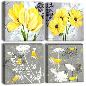 Artscope 4 Parties Impression sur Toile - Fleurs Jaunes et Oiseaux Impression sur Toile Décoration Murale pour Chambre Peintures à l'huile pour Maison Bain Salon Chambre 30x30CM (Goolee, neuf)