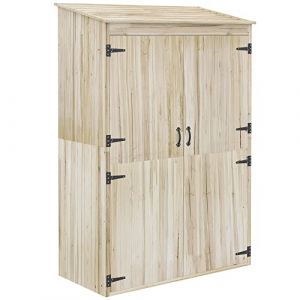 Outsunny Armoire de Jardin en Bois avec 2 &eacute;tag&egrave;res, 2 Portes magn&eacute;tiques, Toit inclin&eacute;, Compartiment Droit spacieux, Armoire de Rangement 120 x 57 x 183 cm Bois Naturel (Aosom FR, neuf)